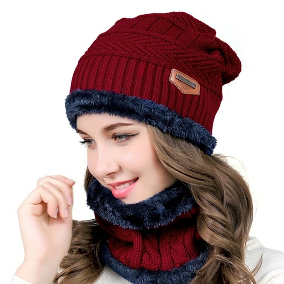 2-PIECES WINTER BEANIE HAT SCARF SET WARM KNIT HAT - Picture 2 of 12